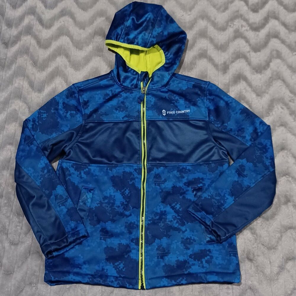 Free Country Youth Boys 10/12 Blue Neon Yellow Camo Long Sleeve Zip Up Jacket